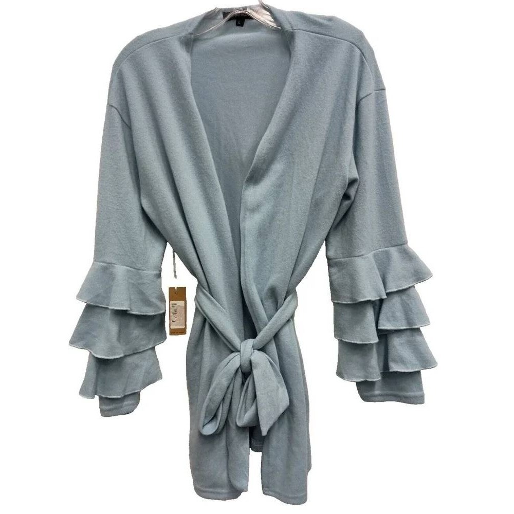 Simply Southern BOHO Cardigan Womens Large Blue Belted Wrap Tiered Ruffle Sleeve